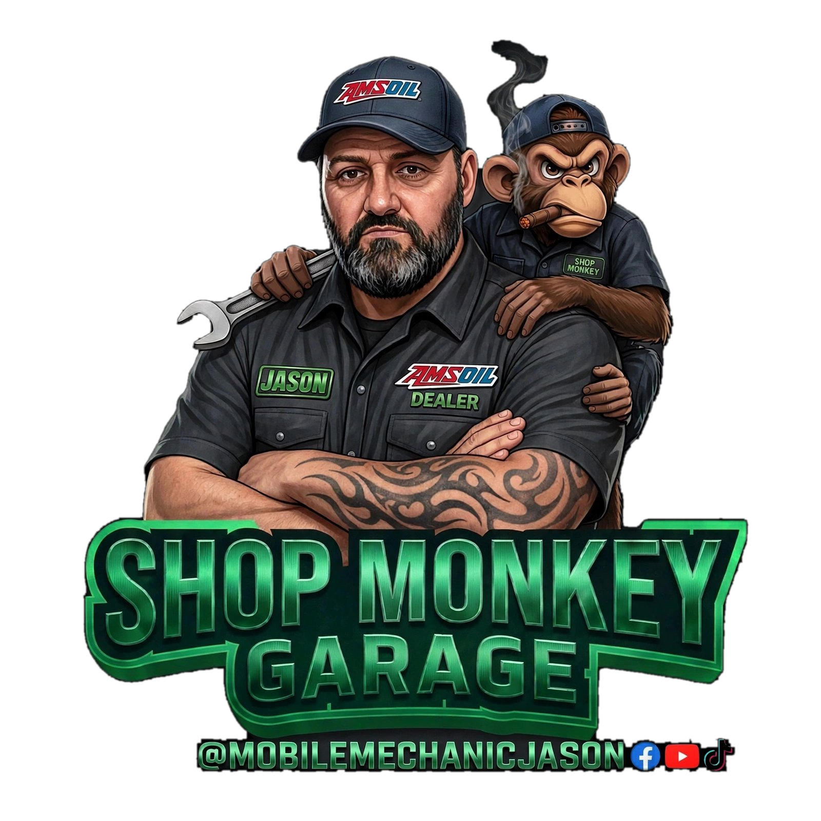 Jason with the Shop Monkey and Shop Monkey Garage branding